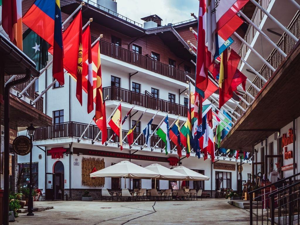 Flags hanging above a street