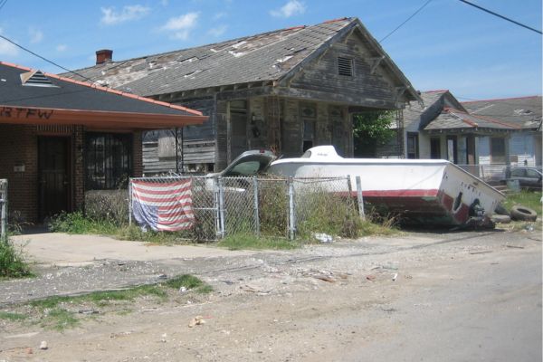 Upside-down American flag during hurricane Katrina